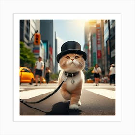 A Cat Walking On A Leash Down A Busy Street While Wearing A Top Hat And Looking Very Pleased With Itself 3 Art Print