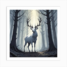 A White Stag In A Fog Forest In Minimalist Style Square Composition Art Print