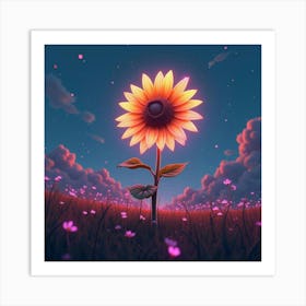 A Whimsical Sunflower With Petals Of Flowing, Neon Light In A Futuristic Field Art Print