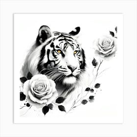 Tiger With Roses 1 Art Print