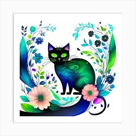 Black Cat With Flowers 2 Art Print