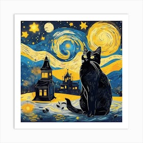 Black Cat On Starry Night Art Print