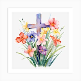 Easter Cross With Flowers 2 Art Print