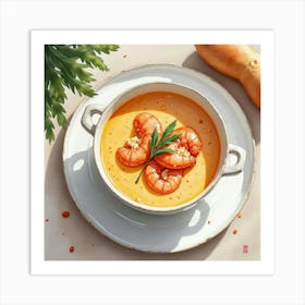 Watercolor Painting Of A Rich And Creamy Lobster Bisque On A Cozy Kitchen Table Art Print