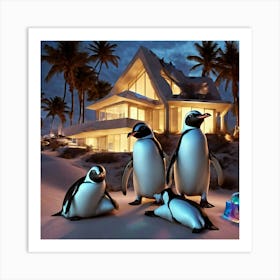 Penguins In Front Of House Art Print