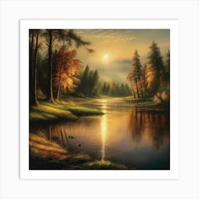 Autumn Lake,Forest Lake, Vintage Oil Painting, Farmhouse Wall Decorations, Antique Landscape, Vintage Landscape Oil Painting.4 3 Art Print