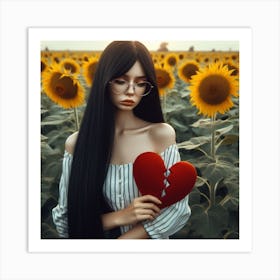 Sunflower Girl Holding A Broken Heart Art Print