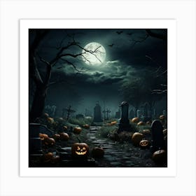 Art Landscape Pumpkin Holiday Design Halloween Fear Moon Skittish Green Grave Dark Scene (25) Art Print