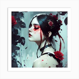 Gothic Girl With Red Roses Ai Art Print