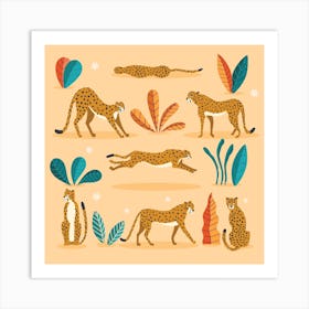 Cheetahs And Florals And Flowers On Beige Square Art Print