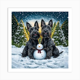 Scottish Terriers With Snowman Art Print