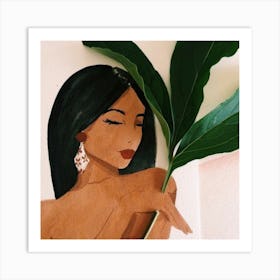 Of A Woman Holding A Leaf Art Print