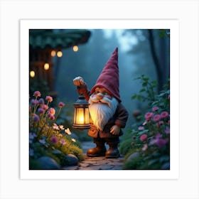 A Charming Gnome With A Magical Lantern In A Twilight Garden 1 Art Print