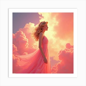 Radiant Princess Diana With Vivid Pink And Orange Watercolor Clouds Art Print