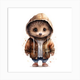 Watercolour Cartoon Hedgehog In A Hoodie 2 Art Print