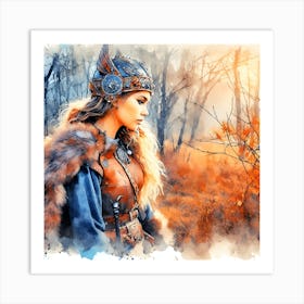 A Portrait Of A Viking Woman In The Woods Art Print