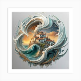 Mountain village sea waves tsunami 18 Art Print