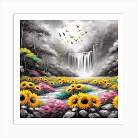 Sunflowers And Waterfall Art Print