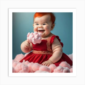 Baby In Red Dress With Cotton Candy Art Print