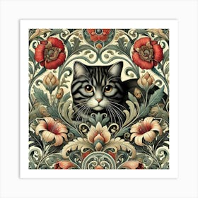 william morris Cat With Flowers 1 Art Print