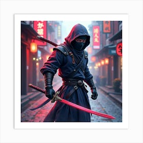 Ninja Fighter With A Watercolor Neon Drenched Street 1 Art Print