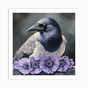 Crow With Purple Flowers Art Print