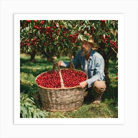 Man Picking Cherries In An Orchard Art Print