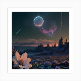 Moon And Flowers Art Print