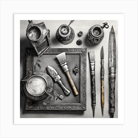 Firefly A Masculine Vintage Italian Inspired Flatlay Of A Creative Workspace For Oil Painting, Styli (2) Art Print