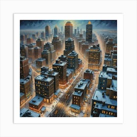 Snowy City At Night Full Of Light Art Print