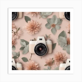 Seamless Pattern With Camera And Flowers Art Print