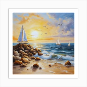 Oil painting design on canvas. Sandy beach rocks. Waves. Sailboat. Seagulls. The sun before sunset.40 Art Print