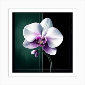 "Solitude's Bloom"  A striking orchid stands out with its white and purple petals against a dark backdrop, its elegance undeniable and alluring.  Discover the essence of 'Solitude's Bloom', where the stark beauty of a solitary orchid captures the gaze and calms the spirit. This piece is a testament to finding strength and beauty in solitude, making it a compelling addition to any collection for those who appreciate the profound grace of nature. Art Print