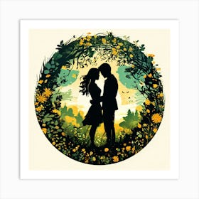 Couple Kissing In The Garden, Silhouettes Of Two People Hugging Surrounded By Elements Of Nature Flowers Trees Growing , Silhouette Of Couple In The Forest Art Print