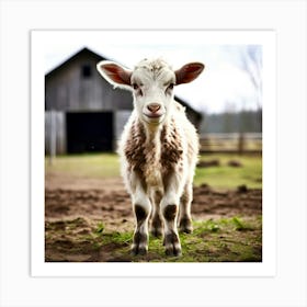 Baby Lamb Standing In Front Of Barn Art Print