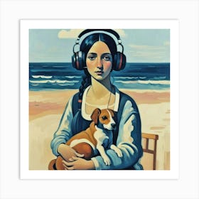 Woman With Headphones And A Dog Art Print