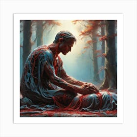 Man Kneeling In The Woods Art Print