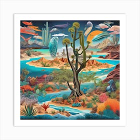 Cactus Desert, A Vibrant Collage Of Different Ecosystems Deserts Forests Oceans Seamlessly Blending Together 1 Art Print