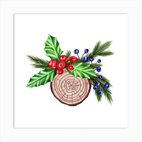 Wood Cut with Pine Branches, Berries and Mistletoe Art Print