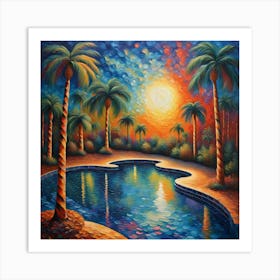 Tropical Sunset Serenity - Palm Trees and Reflective Water Canvas wall Art | Warm Sunrise Home Decor Print Art Print