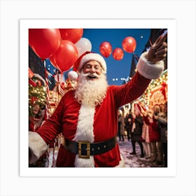 A Festive Christmas Scene With A Cheerful Man Dressed As Santa Claus Holding A Sign Fingers Pointin (1) Art Print