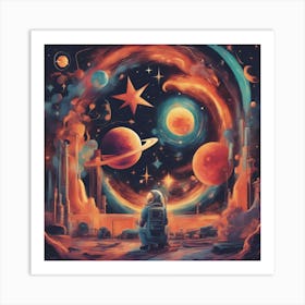 A Retro Style People Space, With Colorful Exhaust Flames And Stars In The Background 1 Art Print