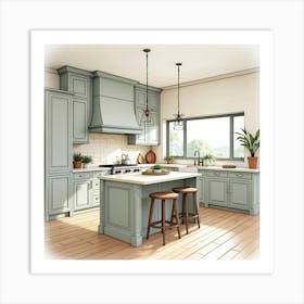 Elegant Kitchen In Watercolor, Calm, Soothing Tones 1 Art Print