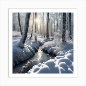 Banks of the Winter Woodland Stream in Snow 1 Art Print