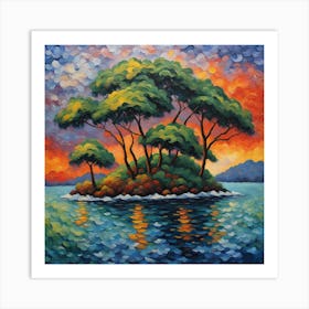 Island Oasis: Mystery Island, Sunset Hues, and Verdant Canopies Art Print