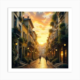 Sunset On A Cobblestone Street Art Print