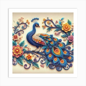 Peacock on flower branch 5 Art Print