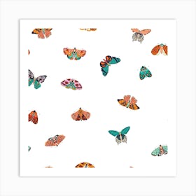 Colorful Moths And Butterfly Pattern On White Square Art Print