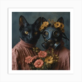 Two Black Cats In Gas Masks Art Print