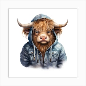 Watercolour Cartoon Yak In A Hoodie Art Print